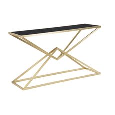 Estila Dizajnový art deco konzolový stolík Triangolo Oro s obdĺžnikovou doskou z čierneho skla a geometrickou zlatou podstavou 130 cm