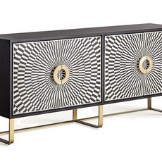 Estila Luxusný čierno biely art deco príborník Caderina so štyrmi dvierkami s geometrickou intarziou 180 cm