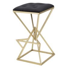Estila Dizajnová art deco barová stolička Triangolo Oro s čalúneným čiernym sedadlom a geometrickou konštrukciou v zlatej farbe 75 cm