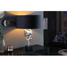 Estila Art deco strieborná stolná lampa Uma s kovovou lebkou, čiernym okrúhlym tienidlom a mramorovou podstavou 56cm