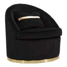 Estila Štýlové art deco čierne okrúhle zamatové kreslo Bellaria so zlatými detailmi a štvorcovým vankúšom 80 cm