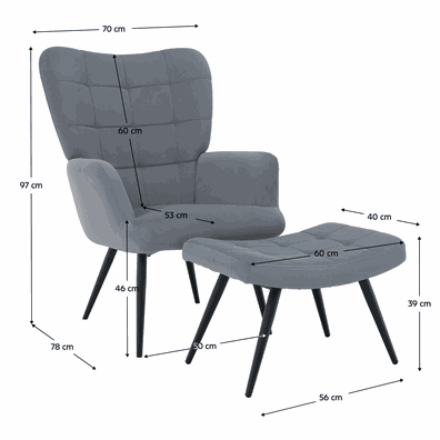 Kreslo s podnožou, sivá Velvet látka/čierna, HABEN