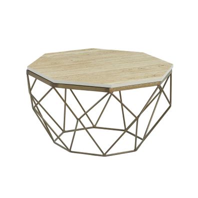 Estila Moderný osemuholníkový travertínový béžový konferenčný stolík Adamantino so zlatou geometrickou kovovou nohou 70 cm