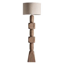 Estila Luxusná etno stojaca lampa Ninewe s hnedou masívnou vyrezávanou nohou z mangového dreva a béžovým jutovým tienidlom 164 cm