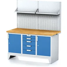 Dielenský stôl MECHANIC I , perforovaný panel, polica, 2 skrinky a zásuvkový box na náradie, 5 zásuviek, 1500x685x880 mm, modré dvere