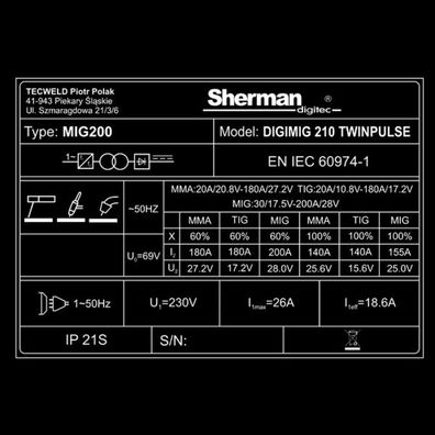 Sherman DIGIMIG 210 TWINPULSE + Horák 3m + Káble 2m + Kukla + Ventil + Hadica + plná Fľaša CO2
