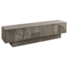 Estila Dizajnový art deco obdĺžnikový TV stolík Sonia zo sivého mangového dreva so štyrmi dvierkami s geometrickým reliéfom 200 cm