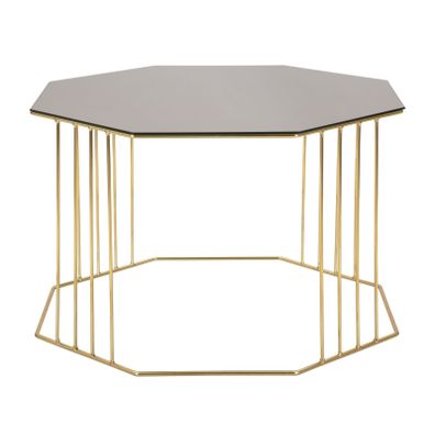 Estila Art deco osemuholníkový kovový zlatý konferenčný stolík Hexan s vrchnou sklenenou hnedou doskou 70 cm