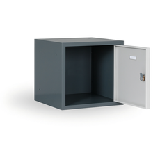 Šatníková skrinka s uzamykateľným boxom 300 x 300 x 300 mm, cylindrický zámok, tmavo sivá, modré dvere