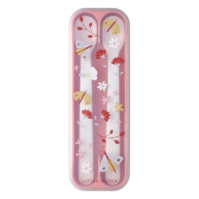 Plastové detské lyžičky v bielej a svetloružovej farbe v súprave 2 ks Flowers & butterflies – Mepal