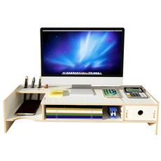 Drevený DIY stojan pod monitor so zásuvkou 180 biely Biela