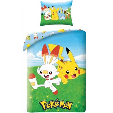 Bavlnené posteľné obliečky Pokémoni - motív Scorbunny a Pikachu - 100% bavlna - 70 x 90 cm + 140 x 200 cm