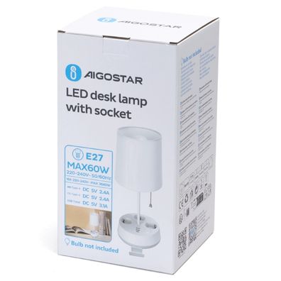 Aigostar - Stolná lampa so zásuvkami a USB portami 1xE27/60W/230V biela