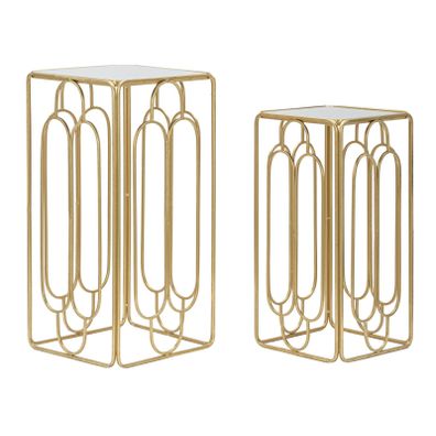 Estila Art deco sada kovových štvorcových zlatých príručných stolíkov Anaka s geometrickými vzormi s vrchnou zrkadlovou doskou 70 cm