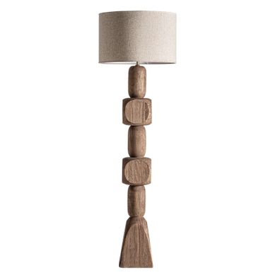 Estila Luxusná etno stojaca lampa Ninewe s hnedou masívnou vyrezávanou nohou z mangového dreva a béžovým jutovým tienidlom 164 cm