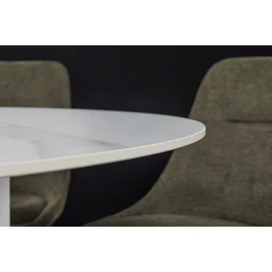 Jedálenský stôl UNIQUE 120 cm okrúhly s bielym rámom, keramickou doskou z bieleho mramoru