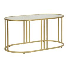 Estila Glamour kovový zlatý oválny konferenčný stolík Meno s vrchnou doskou z jemne priehľadného skla 50 cm