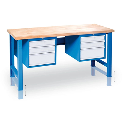 Výškovo nastaviteľný pracovný stôl GD s 2 závesnými boxami na náradie, buková škárovka, 6 zásuviek, 1700 x 800 x 850 - 1050 mm, modrá