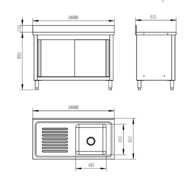 Nerezový umývací stôl so skrinkou, 1 drez, 1600 x 600 x 850 mm