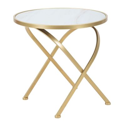 Estila Art deco príručný stolík Amadora so zlatou kovovou konštrukciou a okrúhlou bielou sklenenou doskou s mramorovým efektom 50 cm