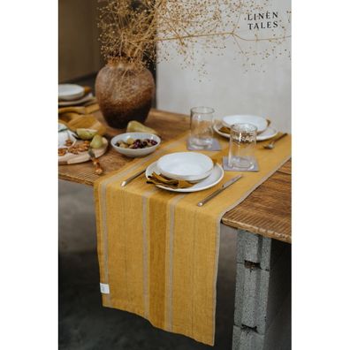 Ľanový behúň na stôl 200x200 cm Amber Bronze Stripes – Linen Tales