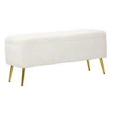 Estila Art deco obdĺžniková kožušinová čalúnená biela lavica Pasil s úložným priestorom a zlatými kovovými nožičkami 112 cm