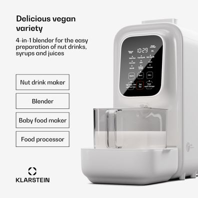 Klarstein Loire 4 v 1, výrobník vegánskych nápojov, 800/1200 W, 1200 ml, dotykové ovládanie, odnímateľný zásobník na vodu