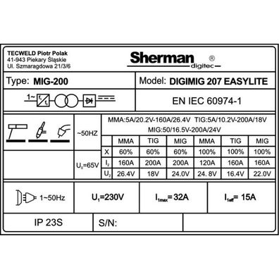 Sherman DIGIMIG 207 EASYLITE + Horák 3m+ Káble 2m + Drôt + Sprej + Kukla + Vozík + Ventil + plná Fľaša CO2