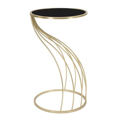 Estila Art deco okrúhly zlatý príručný stolík Naselam s kovovými ohnutými prútmi a vrchnou čiernou sklenenou doskou 73 cm