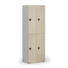 Drevená šatníková skrinka s úložnými boxmi, 4 boxy, kódový zámok, sivá/dub prírodný