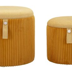 Estila Moderný set okrúhlych oranžových čalúnených zamatových taburetiek Lidia s rebrovaným prešívaním a úložným priestorom 38 cm