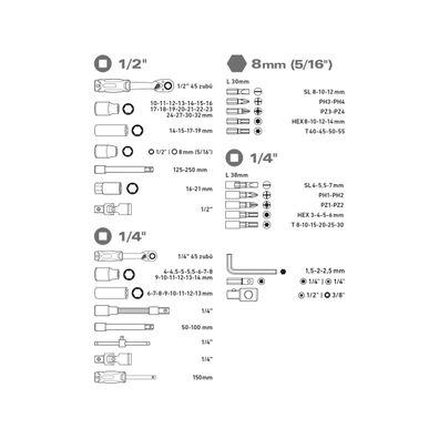 Nástrčné hlavice Extol, sada 94ks, 1/4", 1/2", CrV/S2
