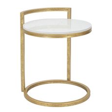 Estila Dizajnový glamour biely príručný stolík Aurelia okrúhleho tvaru s mramorovým vzorom so zlatou konštrukciou 50 cm