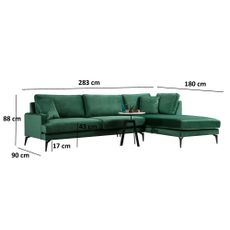 Elegantná rohová pohovka Velour 283 x 180 cm, pravá, zelená