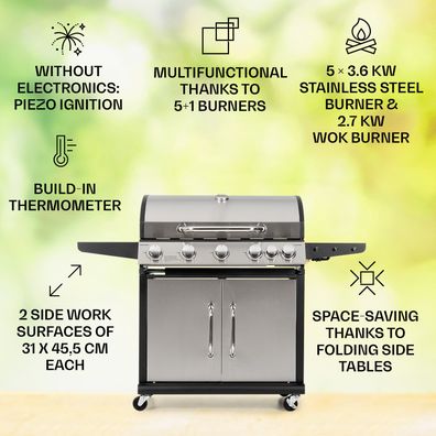 Klarstein Tomahawk, plynový gril, 5 x 3,6 kW + 2,7 kW horák, 80 x 43,5 cm gril z nehrdzavejúcej ocele