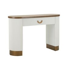 Estila Art deco biely oválny konzolový stolík Glamia Blanc s vrúbkovaným dizajnom s hnedou drevenou doskou a zásuvkou 121 cm