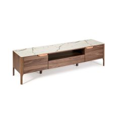 Estila Luxusný moderný TV stolík Forma Moderna z orechovo hnedého dreva s bielou vrchnou doskou s dizajnom kalkatského mramoru 180 cm