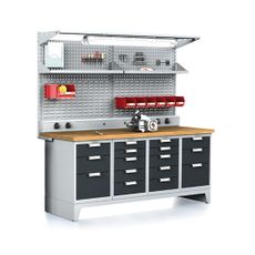 Dielenský stôl MECHANIC I, perfopanel, polica, el. zásuvky, osvetlenie, 2x 5 a 2x 3 zásuvkový box na náradie, 16 zásuviek, antracit