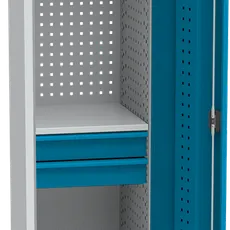Úzka dielenská zásuvková skriňa na náradie KOVOS, 2 police, 2 zásuvky, zváraná, 505 x 500 x 1950 mm