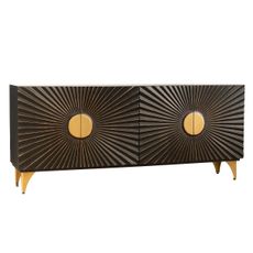 Estila Dizajnový art deco štvordverový čierny príborník Guzman s ozdobným reliéfom slnečných lúčov a zlatými detailmi 177 cm