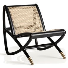 Estila Luxusné art deco masívne čierne atypické kreslo Georand s viedenským výpletom z béžového ratanu so zlatými nožičkami 85 cm