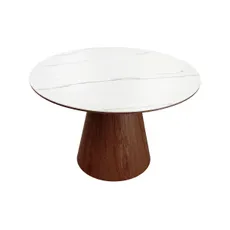 Estila Art deco okrúhly jedálenský stôl Marmol Lignia s bielou mramorovou doskou a tmavohnedou kužeľovou podstavou 120 cm
