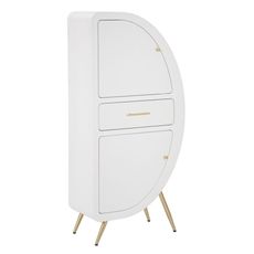 Estila Art deco atypická biela skrinka Anila s dvomi dvierkami a jednou zásuvkou s kovovými zlatými nožičkami a úchytkami 133 cm