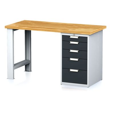 Dielenský pracovný stôl MECHANIC I, pevná noha + dielenský box na náradie, 5 zásuviek, 1500 x 685 x 880 mm, antracitové dvere