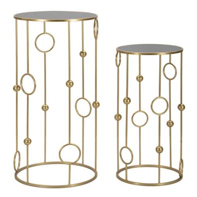 Estila Art deco okrúhly set dvoch kovových zlatých príručných stolíkov Circle s kruhovými detailmi s vrchnou zrkadlovou doskou 100 cm