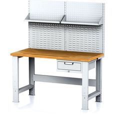 Nastaviteľný dielenský stôl MECHANIC I , závesný box na náradie, nadstavba, polica, 1 zásuvka, 1500x685x700-1055 mm, sivé