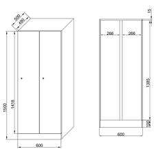 Šatníková skrinka znížená, 2 oddiely, 1500 x 600 x 500 mm, kódový zámok, modré dvere