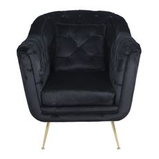 Estila Luxusné art deco čierne čalúnené kreslo Melisa so zamatovým prešívaným poťahom a zlatými vysokými kovovými nožičkami 91 cm