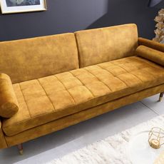 Estila Art-Deco rozkladatelná dvojsedačka Nefertiti z horčicovo žltého zamatu s brezovými nožičkami s zlatým koncom 195cm