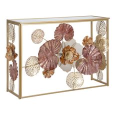 Estila Dizajnový glamour konzolový stolík Floral so zlatou kovovu podstavou a florálnou výzdobou v odtieňoch ružovej a oranžovej 114 cm